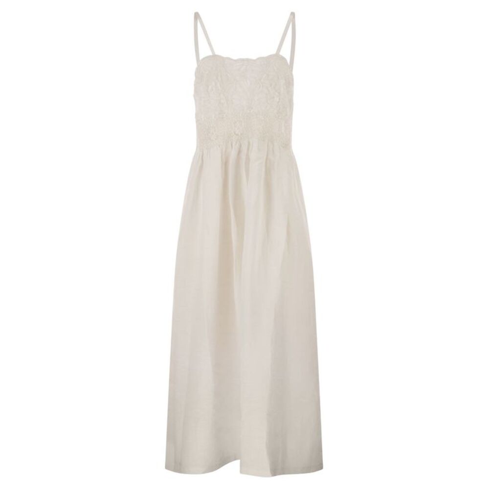 Maurizio Mykonos Women Long Linen Dress With Embroidered Bodice And Slim Straps